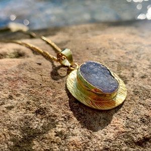 14k Gold Blue Agate Druzy Necklace